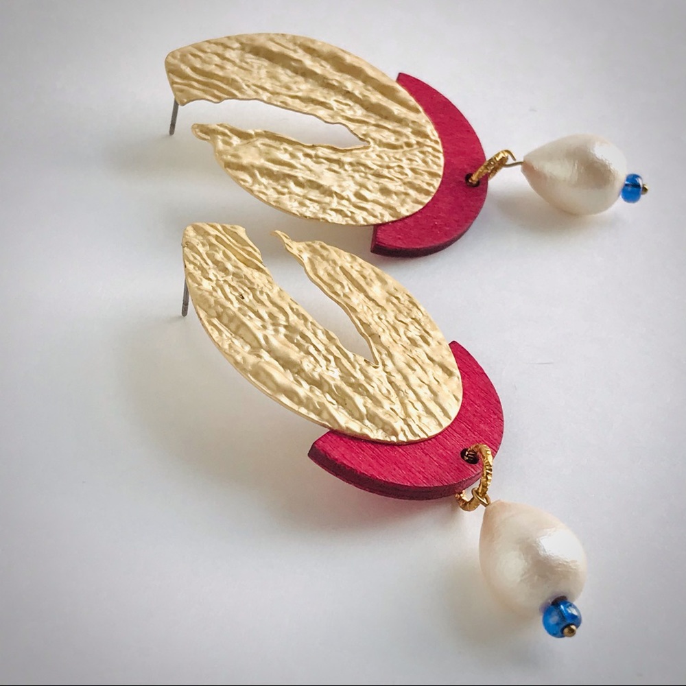 Bold Wood & Baroque Pearl Dangle Statement Earrings